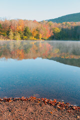 Beautiful Autumn Forest with Mountain Fog and A Lake