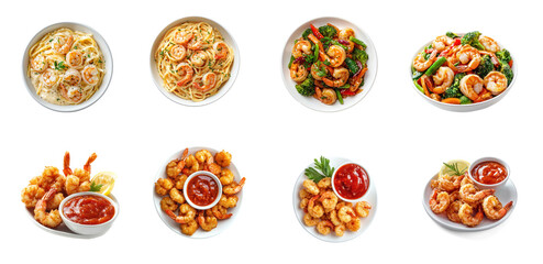 A variety of shrimp dishes, including pasta, stir-fry, and fried shrimp, presented in a collage.