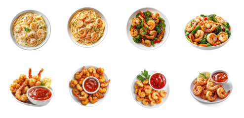 A variety of shrimp dishes, including pasta, stir-fry, and fried shrimp, presented in a collage.