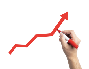 Hand Holding Red Marker Drawing Upward Arrow Graph — Growth Concept — Transparent Background