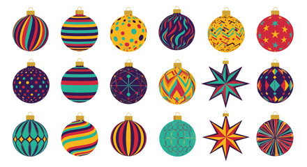 A collection of colorful and patterned christmas ornaments and star decorations in rows.