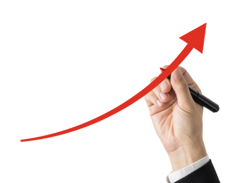 Hand Holding Red Marker Drawing Upward Arrow Graph — Growth Concept — Transparent Background