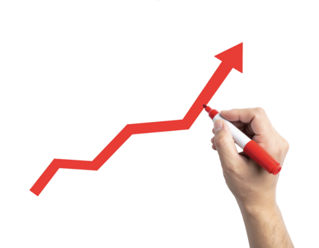 Hand Holding Red Marker Drawing Upward Arrow Graph — Growth Concept — Transparent Background