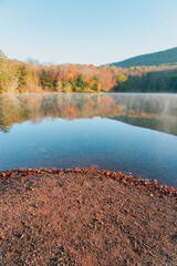 Beautiful Autumn Forest with Mountain Fog and A Lake