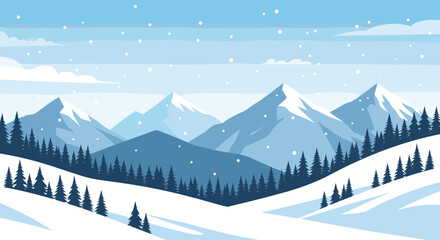 A picturesque winter landscape unfolds with snow-capped mountains and evergreen trees under a falling snow sky.
