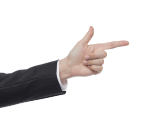 Businesswoman Pointing with Index Finger — Black Suit — Transparent Background