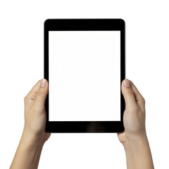 Woman Hand Holding Vertical Tablet with Blank White Screen Mockup &mdash; Transparent Background