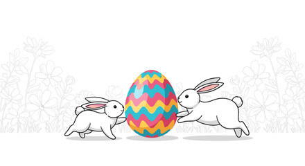 Two cute rabbits are playing with a colorful easter egg on a snowy background.