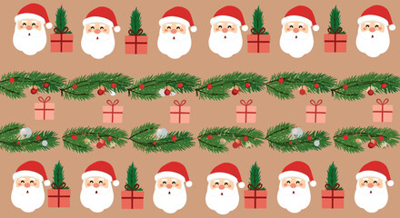A delightful pattern of santa claus and christmas tree decorations for holiday celebrations.