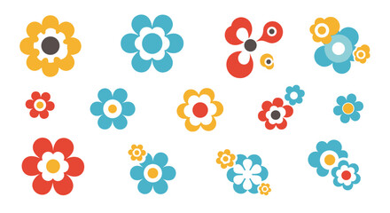 A collection of colorful retro flower graphics on a white background.