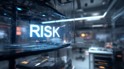 Futuristic display showcasing the word 'RISK' in a high-tech environment, emphasizing themes of technology and safety.