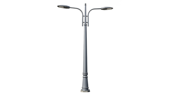 Sleek doubleheaded streetlamp against black backdrop