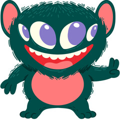 Cartoonish Four Eyed Monster With Pink Belly And Dark Teal Fur Smiling And Waving Hand Transparent Background