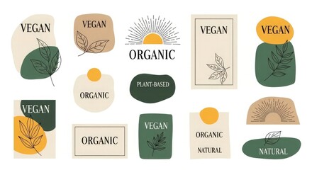 Organic vegan natural plant based product label design set for healthy food and lifestyle brand identity