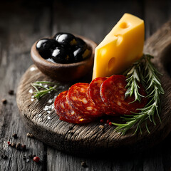 Stunning charcuterie board featuring spicy chorizo, creamy cheese, and olives for a delectable appetizer, perfect for foodies and gourmet enthusiasts