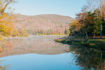 Beautiful Autumn Forest with Mountain Fog and A Lake