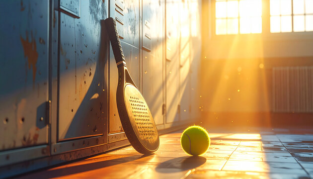 Padel resting against a metal locker door with a ball BackgroundPadel resting against a metal locker door with a ball Background