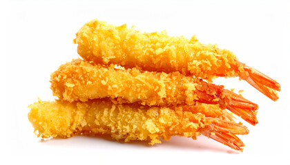 Golden brown shrimp tempura stacked on a white background.