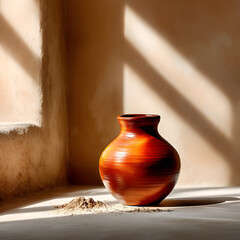 Capture the serenity of earth tones with this stunning pottery still life, enhanced by warm sunlight and inviting shadows for a timeless aesthetic