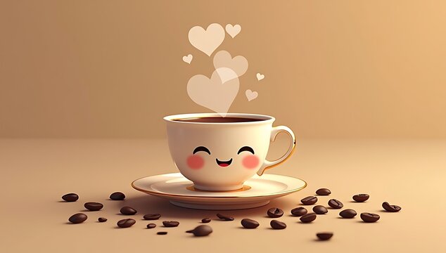 A cute cartoon coffee cup yawning with steam shaped like hearts, sitting on a saucer with coffee beans around.
