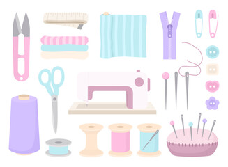 Pastel sewing tools accessories vector set