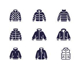Winter and Outdoor Jacket Vector Icons (Puffer, Quilted, Vest). Apparel, Cold Weather, Sports Themes. © cheng