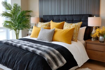 Modern bedroom interior featuring yellow and black decor