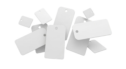 Blank white price tags floating on a white background featuring tag, tags, label, labels, price high
