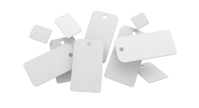Blank white price tags floating on a white background featuring tag, tags, label, labels, price high
