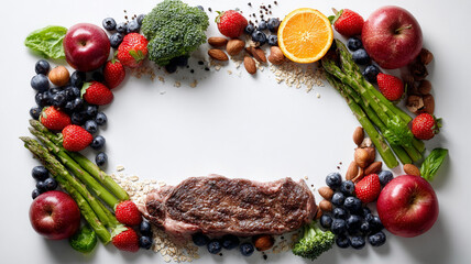 A variety of fresh vegetables and raw meat on a white background. Generative AI.