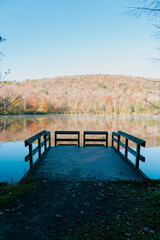 Beautiful Autumn Forest with Mountain Fog and A Lake