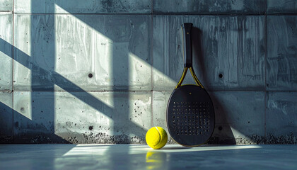 Minimalist photo of a padel leaning against a textured concrete wall Background