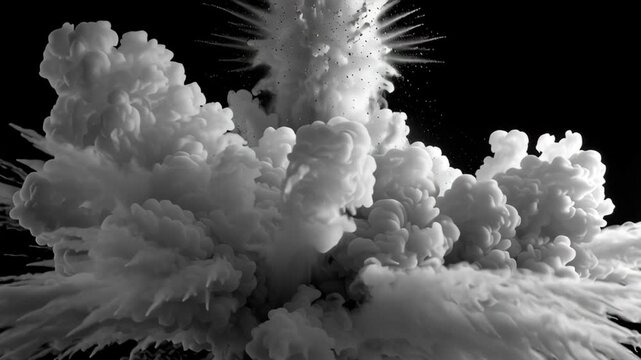 A dramatic black and white explosion cloud emerging from the ground.