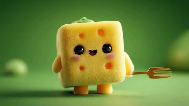 A cheerful, cartoonish cube-shaped character with a fork on a green backdrop