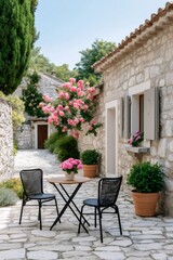 Fototapeta premium Bistro set charming stone house patio with flowers