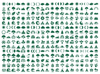 Solid black silhouette icon set of nature and outdoors elements, including leaf, flower, tree, sun, cloud, rain and more, bold flat vector shapes, clean modern style, professional design.