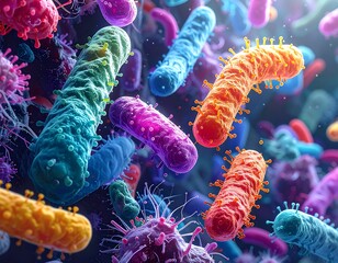 A detailed microscopic view of colorful bacteria and microorganisms floating in a dark environment