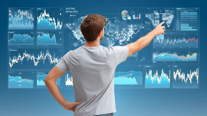 Man analyzing digital data charts and graphs transparent screen pointing financial statistics with focused attention futuristic technology environment showing data trends and global statistics - Powered by Adobe