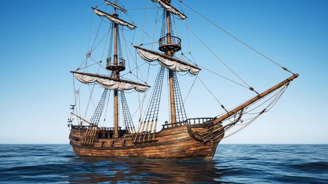 Majestic Historic Wooden Sailing Ship Gliding on Serene Blue Ocean Waters Under Clear Sky