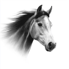 Portrait of a horse with a flowing mane, isolated on a white background