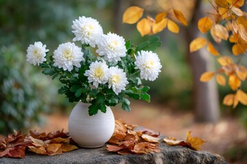 White chrysanthemums in vase with autumn leaves