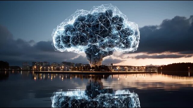 Green Compute Platform. Cloud computing innovation. Future tech infrastructure. AI optimization. Sustainability innovation. An artistic representation of a digital cloud over a cityscape.