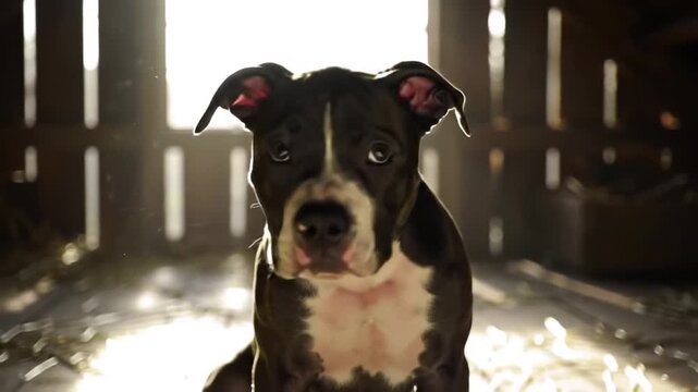 Intrigued pit bull puppy in barn