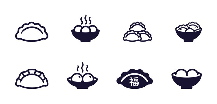 Dark Blue/White Chinese Dumplings (Jiaozi) and Tangyuan Icons. Steaming Bowls, Traditional Detailing. Asian Cuisine, Holiday Treats, Solid/Linear.