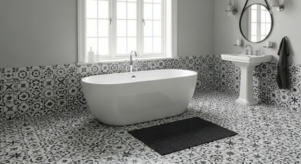 Elegant bathroom interior with patterned tiles featuring a freestanding bathtub and pedestal sink in a modern home
