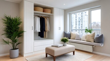 Fototapeta premium Modern bedroom interior featuring closet and window seat