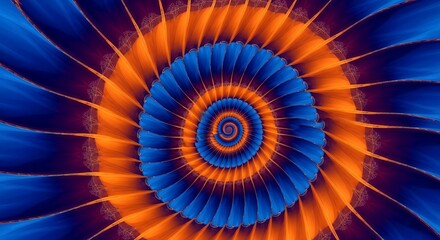 Vibrant spiral pattern featuring alternating bands of blue and orange in an endless loop. Concept for mesmerizing backgrounds, optical illusions and hypnotic visuals