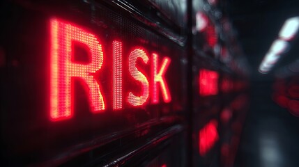 A striking LED display showcases the word 'RISK' in bold red letters, emphasizing caution and awareness in a high-tech environment.