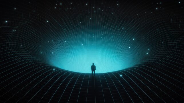 Wormhole or Black Hole Concept: Man Standing at the Edge of a Vast, Glowing Blue Singularity in Deep Space, Representing Time Travel, Digital Tunnel, Technology, Network, and Data Flow, Mysterious Vor