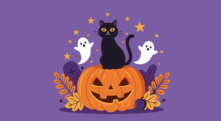Cute Black Cat Inside Pumpkin &ndash; Flat Halloween Illustration